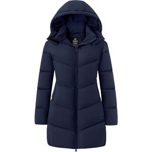 Women's Navy Warm Winter Coat Hooded Puffer Jacket Long Parka